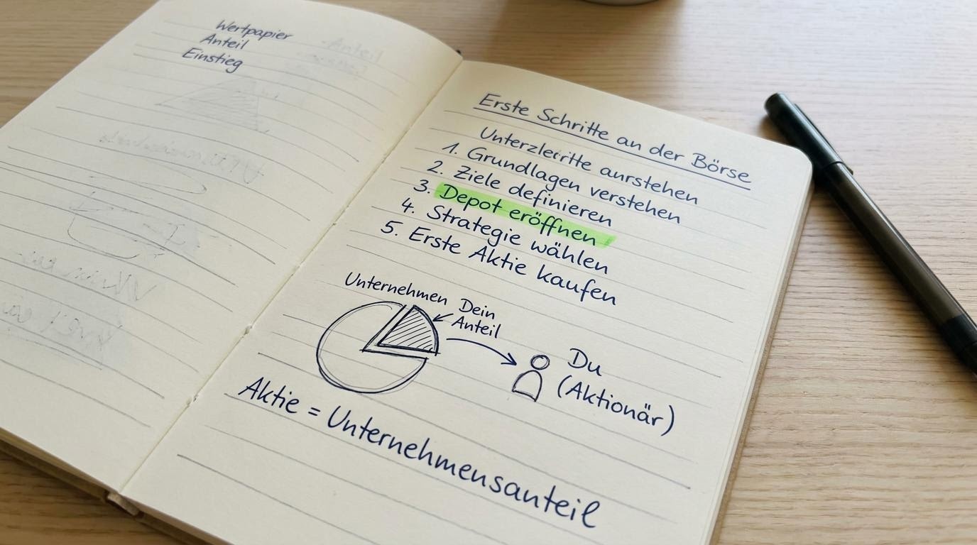 Notizbuch mit einer Liste erster Lernschritte für Aktien-Anfänger