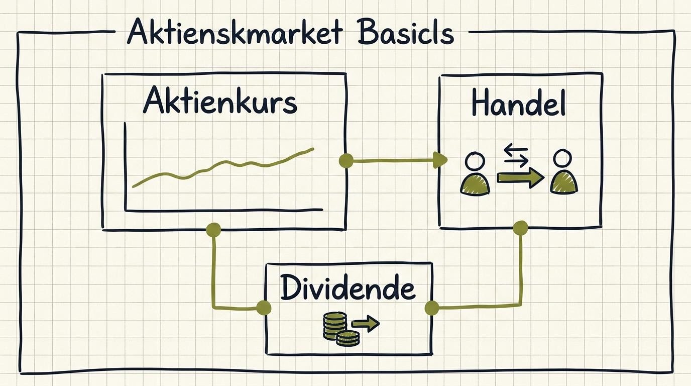 Schematische Skizze von Aktienkurs, Dividende und Handel auf kariertem Papier