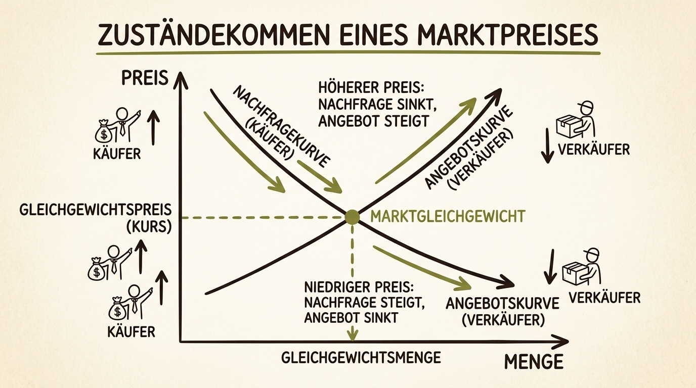 Darstellung von Angebot und Nachfrage an einem Handelsplatz mit gegenläufigen Pfeilen
